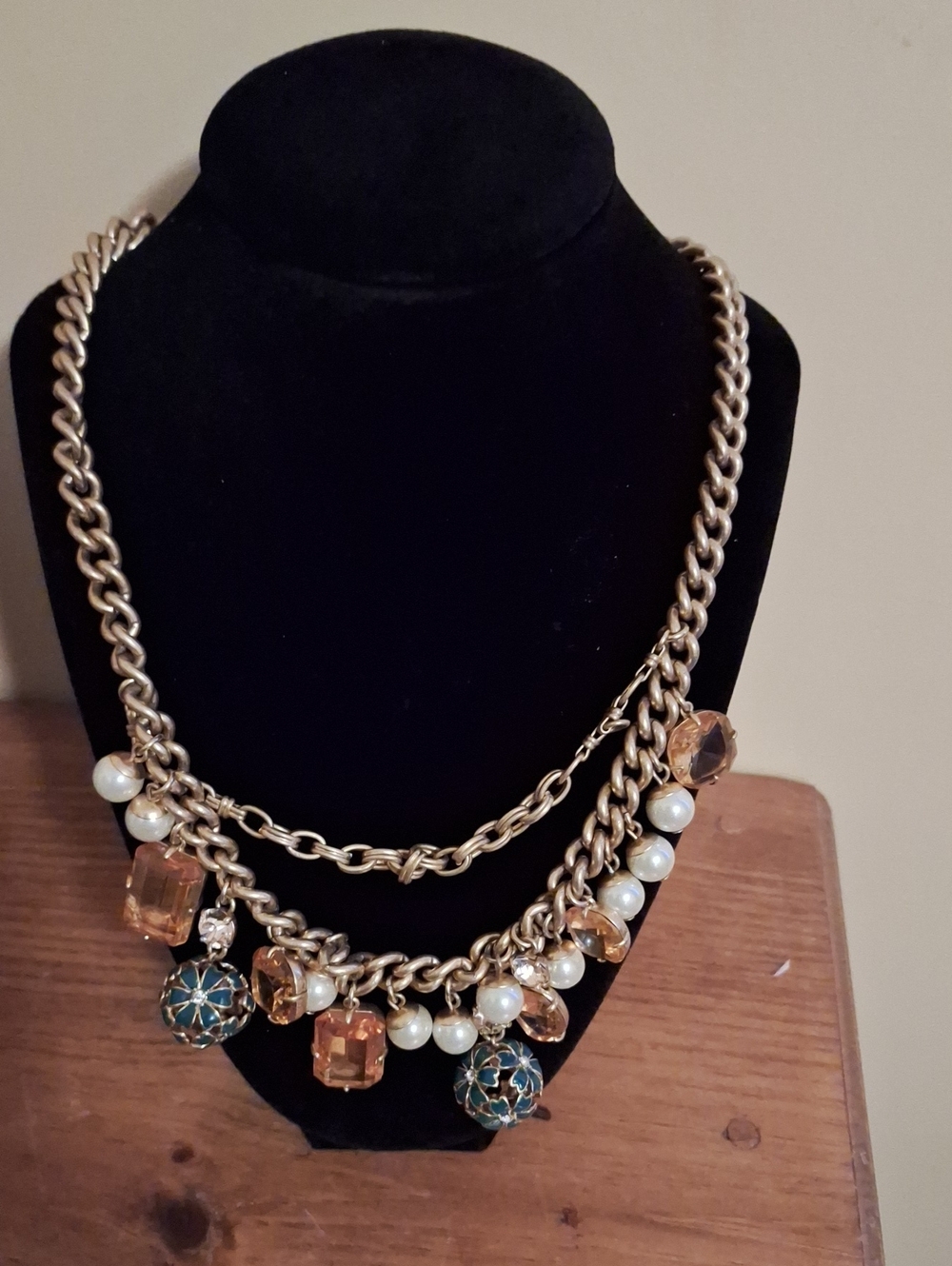 J. Crew Gold-Tone Layered Necklace with Amber Crystals & Pearls
